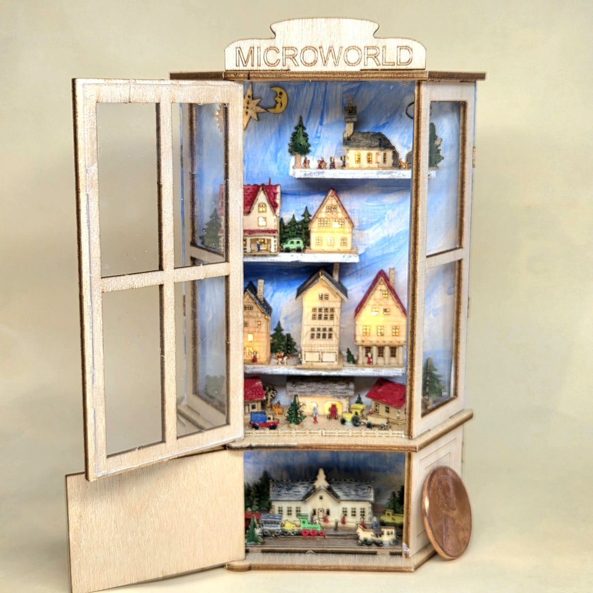 Miniatur Vitrine M 1 : 24 handbemalt beleuchtet Häuser Zugdisplay