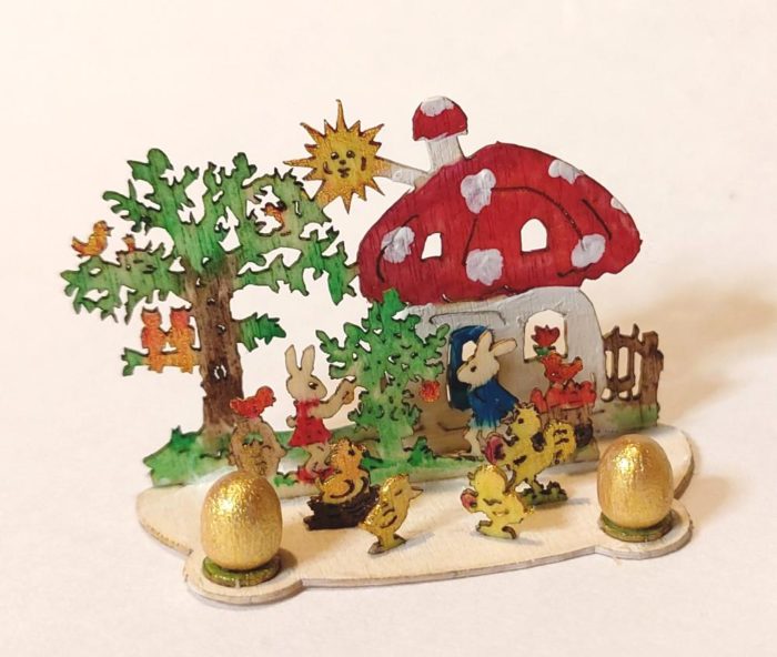 Pilzhaus mit Eierbaum farbig handbemalt 3 cm Holz