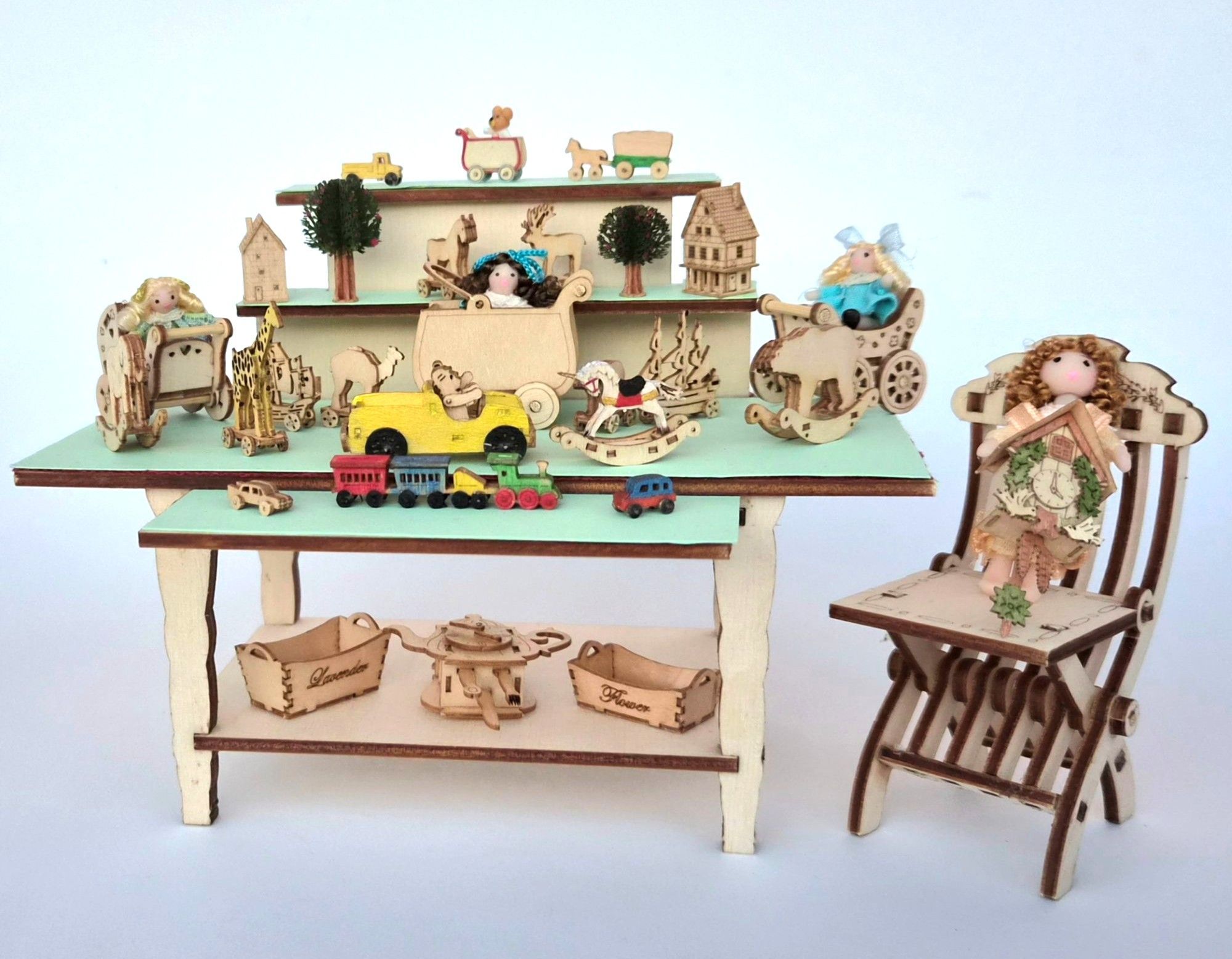 Konvolut montiert Verkaufstisch Klappstuhl Holz 32 Miniaturen