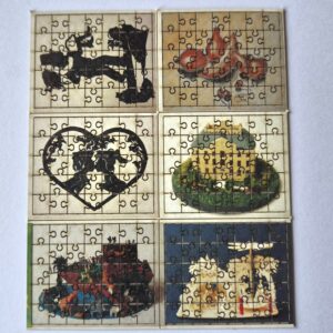Konvolut 6 echte Mini Puzzle Karton Scherenschnitt farbig 35 teilig