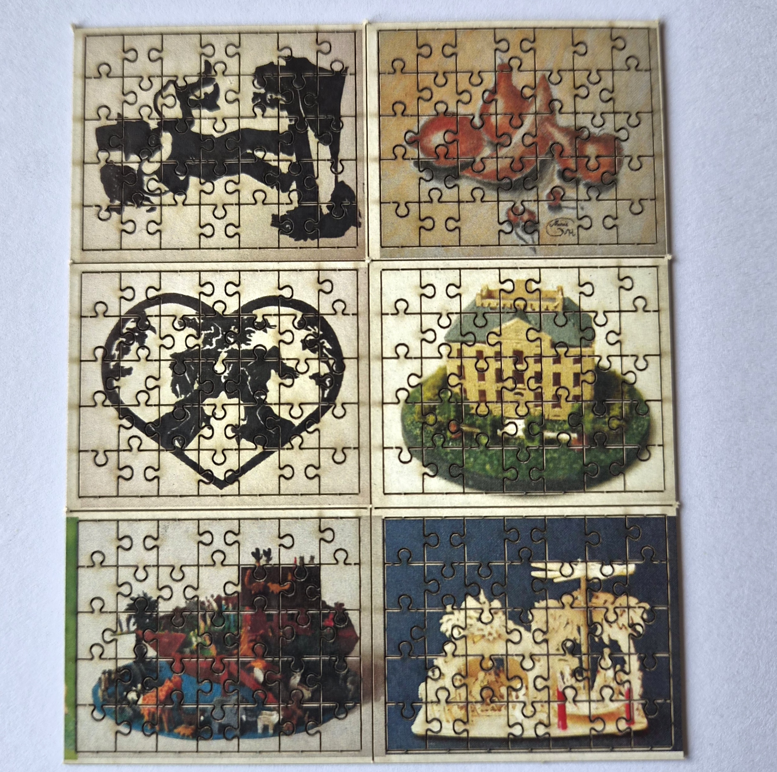 Konvolut 6 echte Mini Puzzle Karton Scherenschnitt farbig 35 teilig